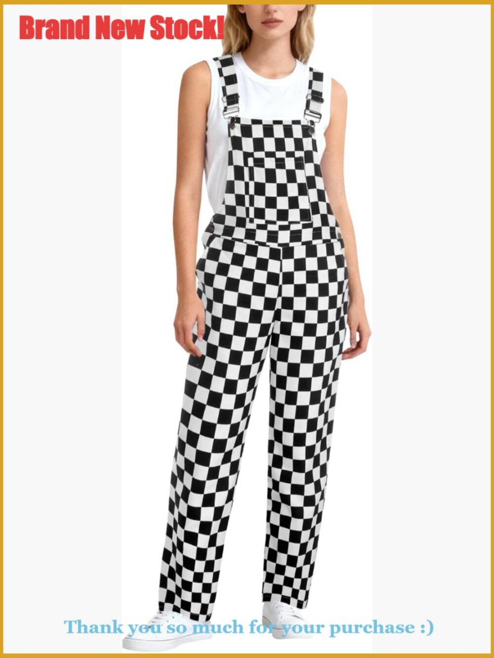 Checkered Overalls, Adjustable Straps, Polyester Denim
